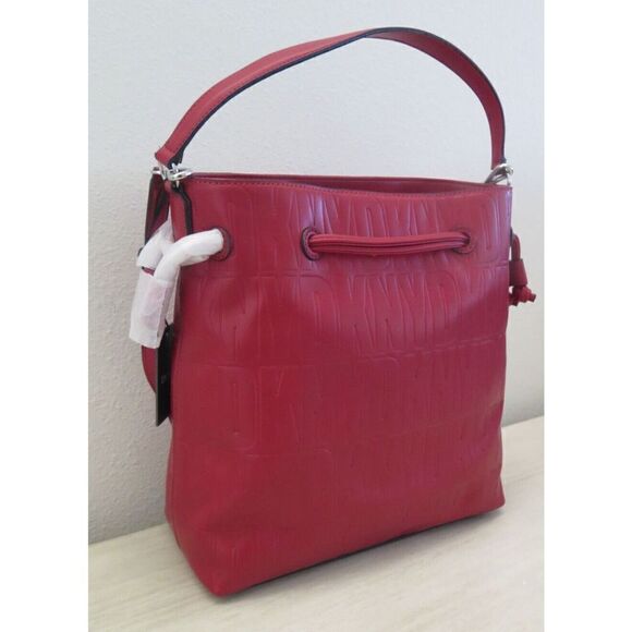 DKNY R13JVP96 Red Signature Logo Jody Drawstring Bucket Tote Shoulder Bag $178 - Picture 5 of 14